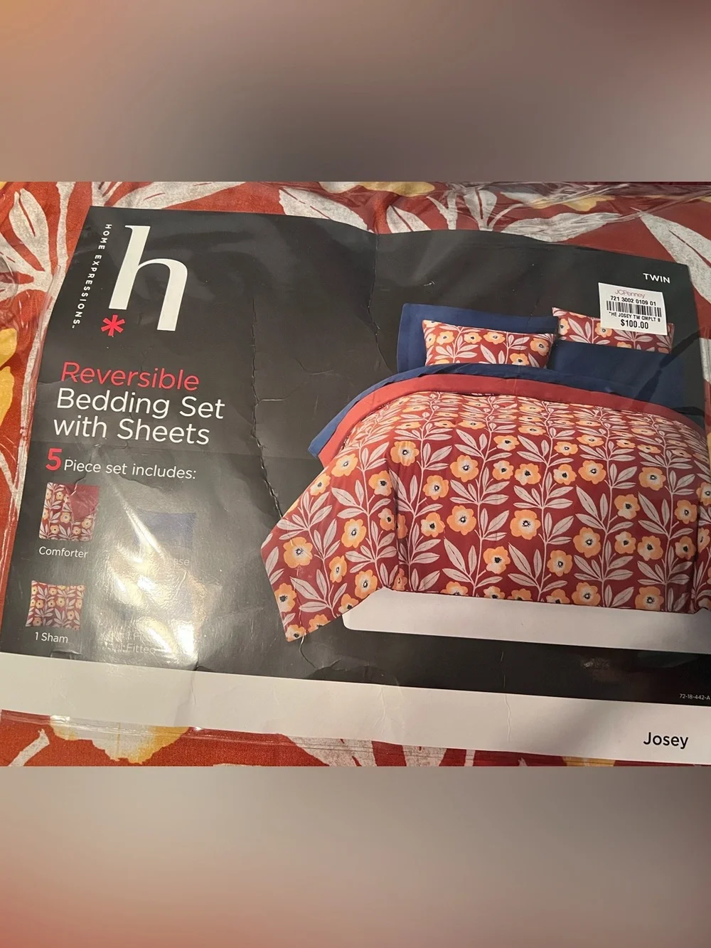 Home Expressions Reversible Red Floral Comforter Set with Navy Accents
